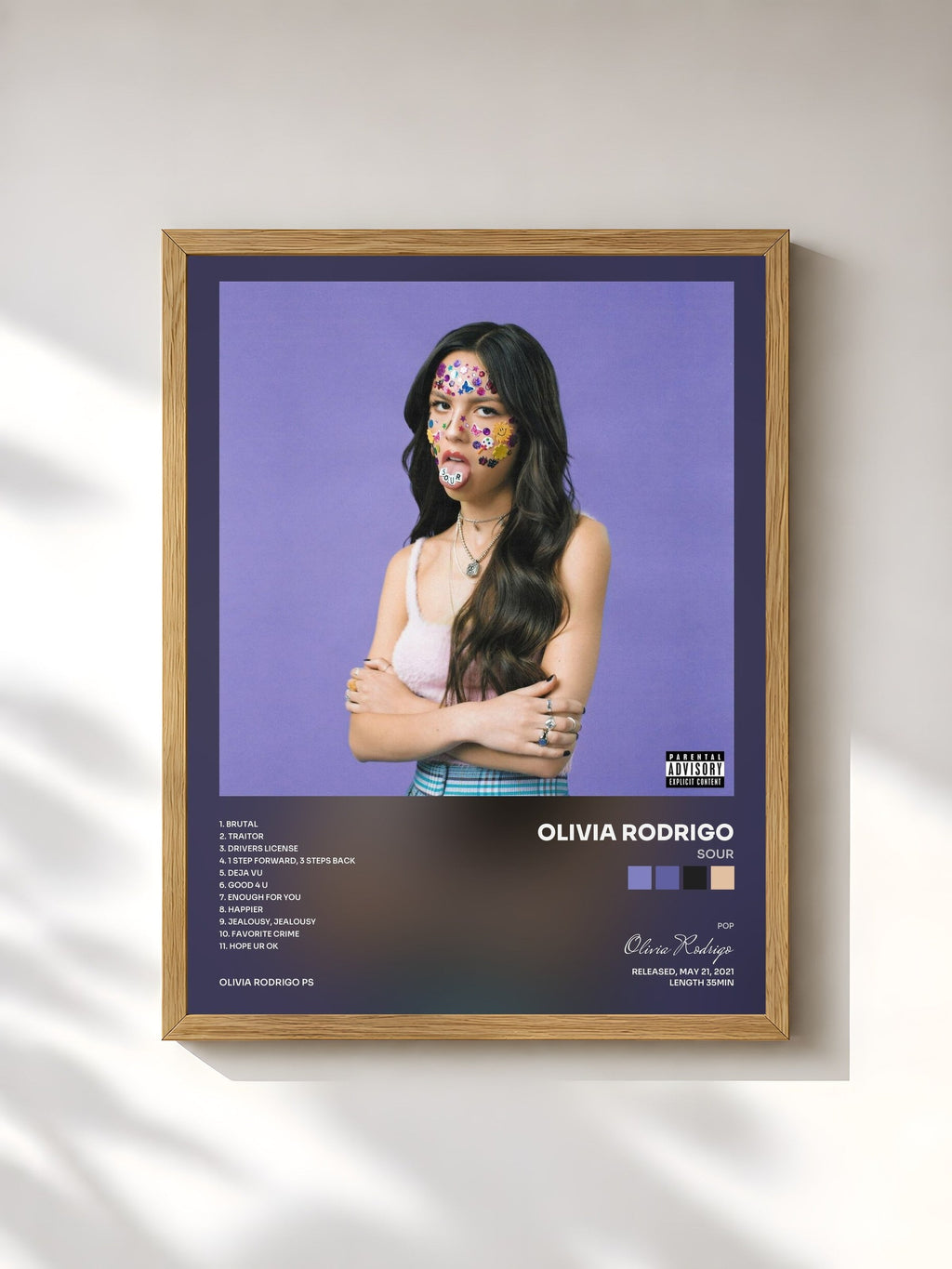 #bois Tableau de l'album SOUR de Olivia Rodrigo, cadre en bois brut, imprimé et encadré en France
