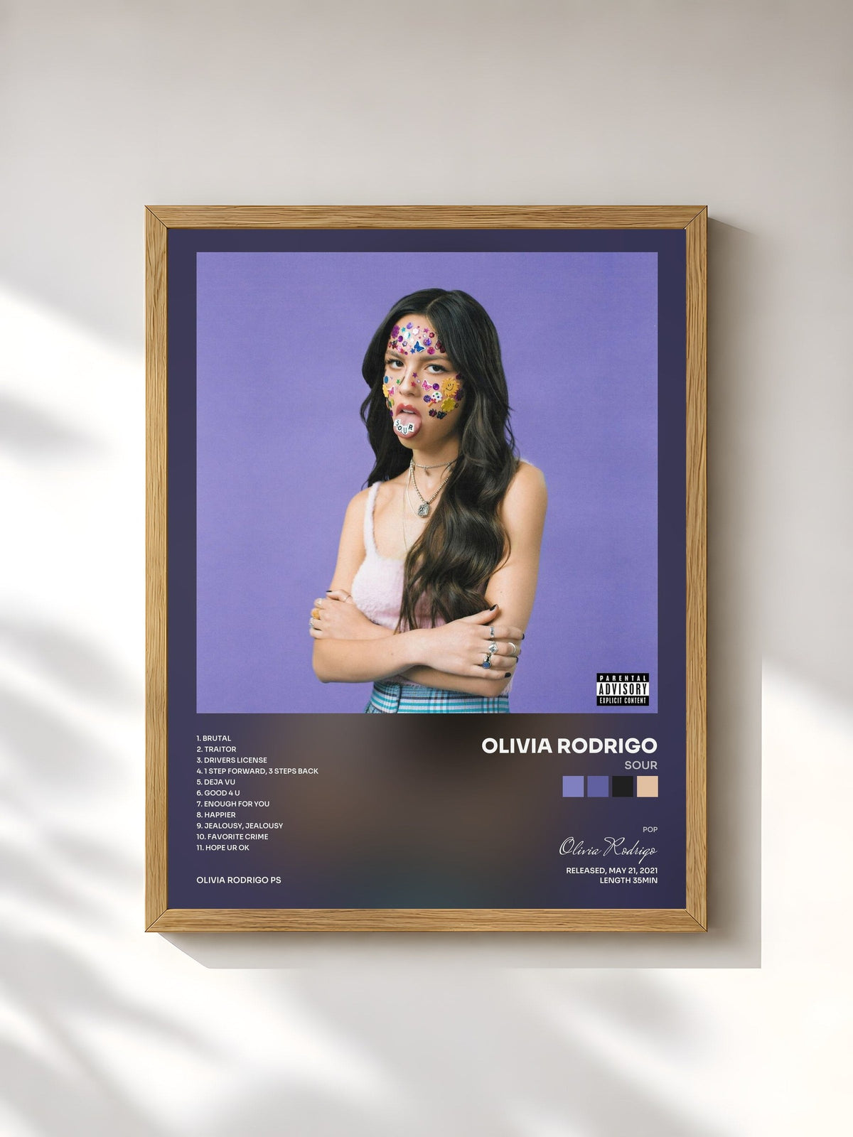 #bois Tableau de l'album SOUR de Olivia Rodrigo, cadre en bois brut, imprimé et encadré en France
