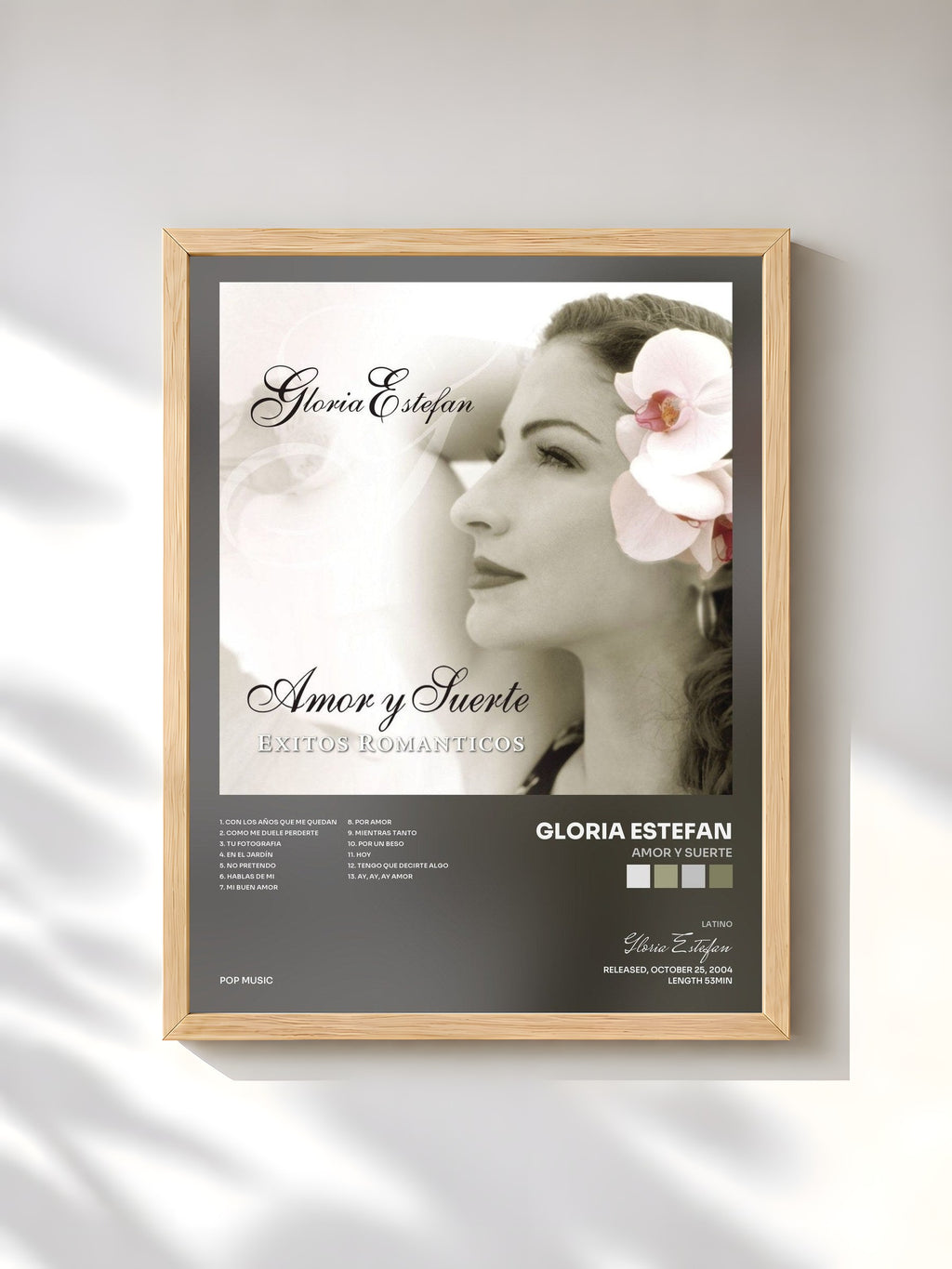 #bois Tableau de l'album Amor Y Suerte de Gloria Estefan, cadre en bois brut, imprimé et encadré en France