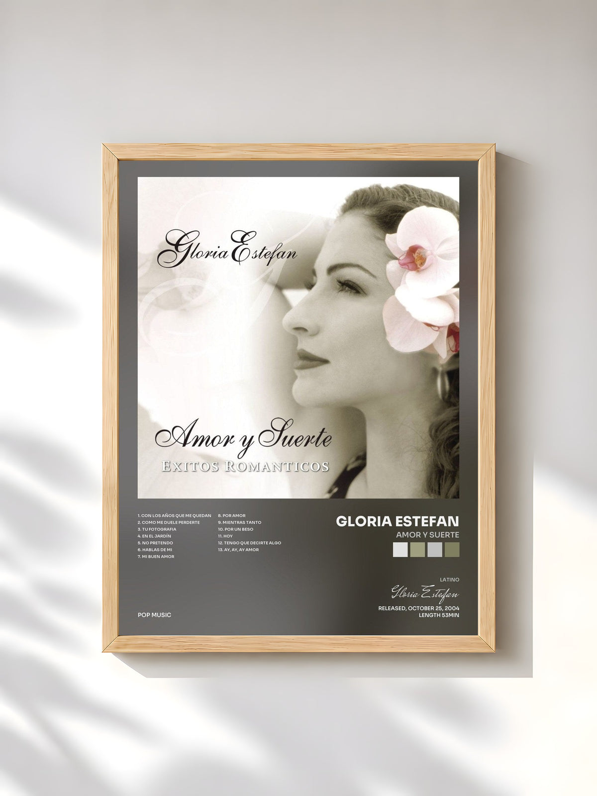#bois Tableau de l'album Amor Y Suerte de Gloria Estefan, cadre en bois brut, imprimé et encadré en France