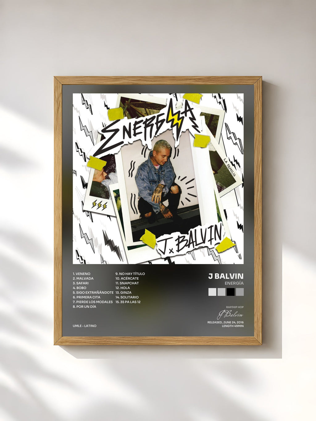 #bois Tableau de l'album Energía de J Balvin, cadre en bois brut, imprimé et encadré en France