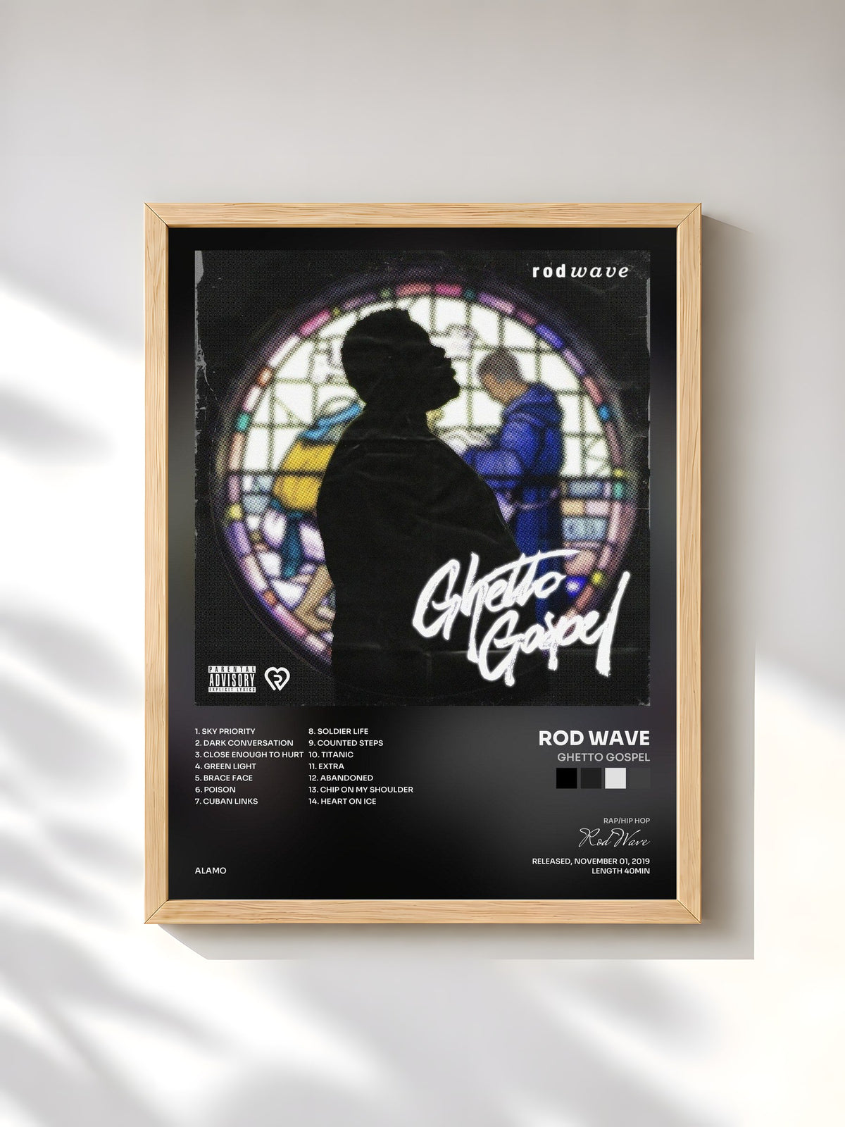 #bois Tableau de l'album Ghetto Gospel de Rod Wave, cadre en bois brut, imprimé et encadré en France