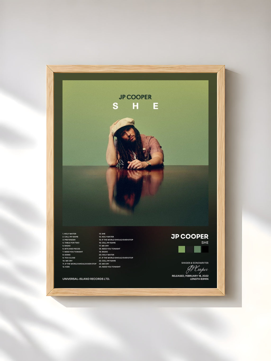 #bois Tableau de l'album She de JP Cooper, cadre en bois brut, imprimé et encadré en France