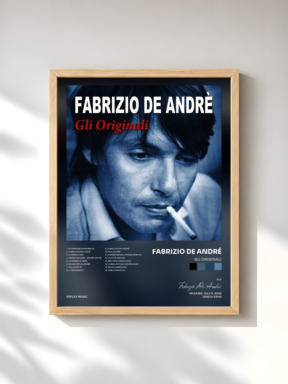 #bois Tableau de l'album Gli originali de Fabrizio De André, cadre en bois brut, imprimé et encadré en France