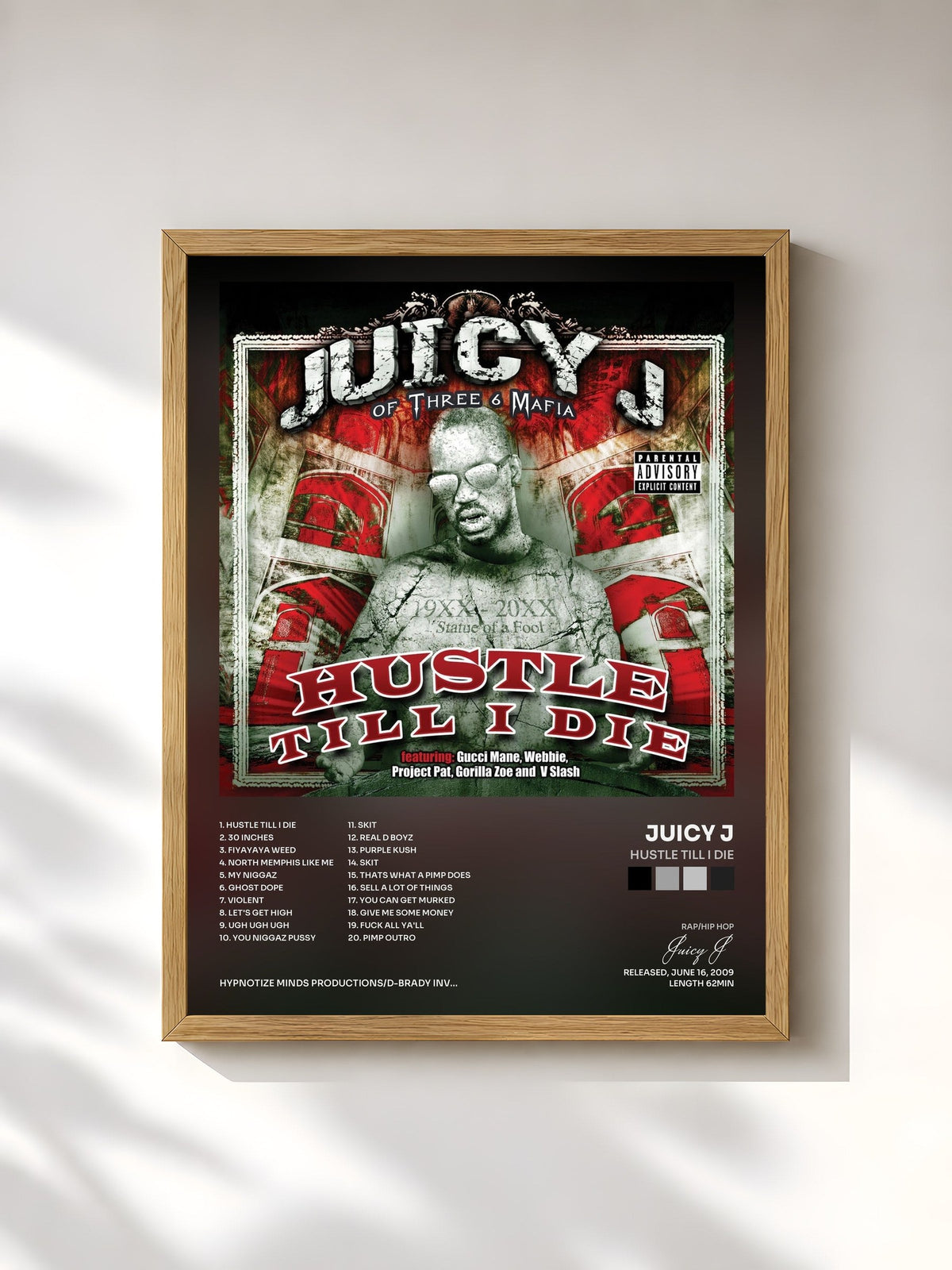 #bois Tableau de l'album Hustle Till I Die de Juicy J, cadre en bois brut, imprimé et encadré en France