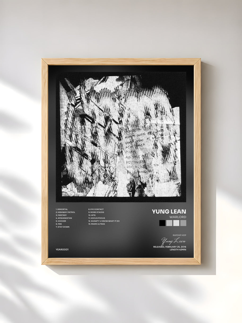 #bois Tableau de l'album Warlord de Yung Lean, cadre en bois brut, imprimé et encadré en France