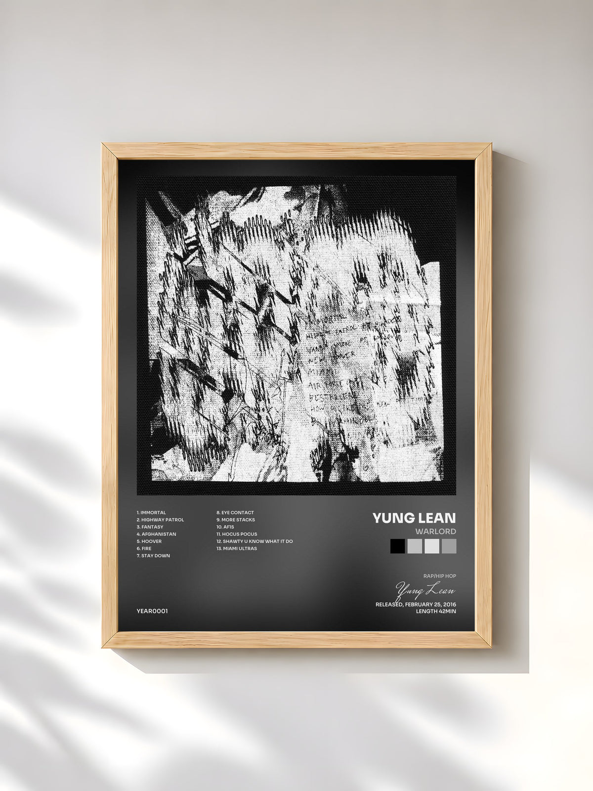 #bois Tableau de l'album Warlord de Yung Lean, cadre en bois brut, imprimé et encadré en France