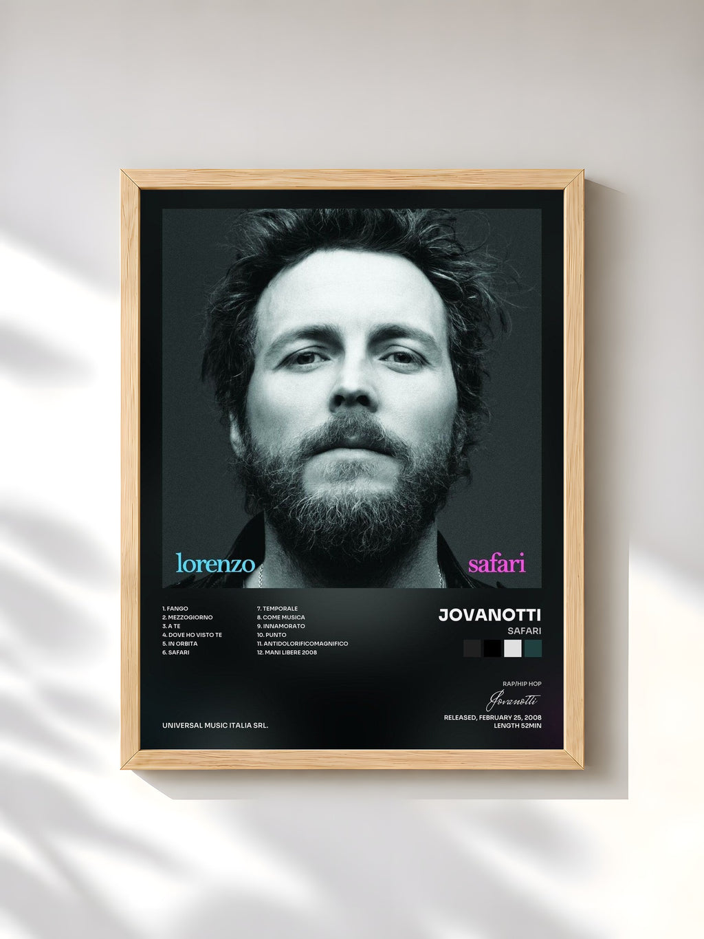 #bois Tableau de l'album Safari de Jovanotti, cadre en bois brut, imprimé et encadré en France