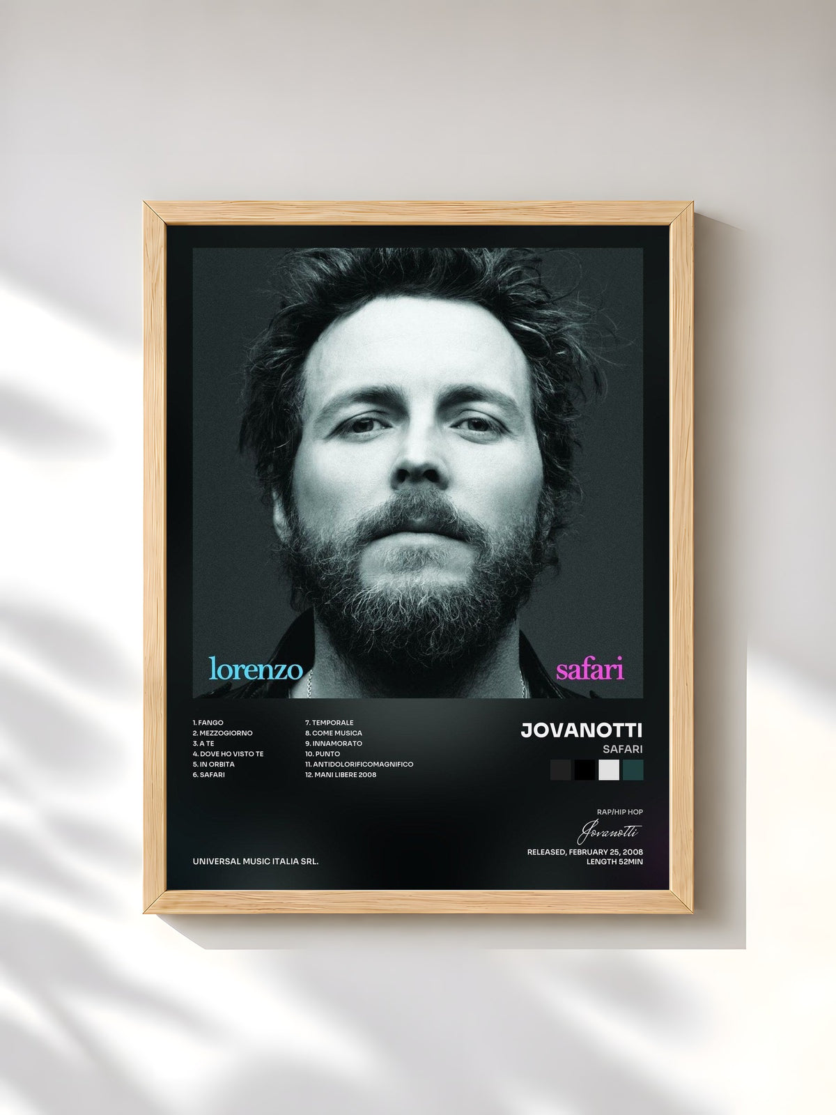 #bois Tableau de l'album Safari de Jovanotti, cadre en bois brut, imprimé et encadré en France