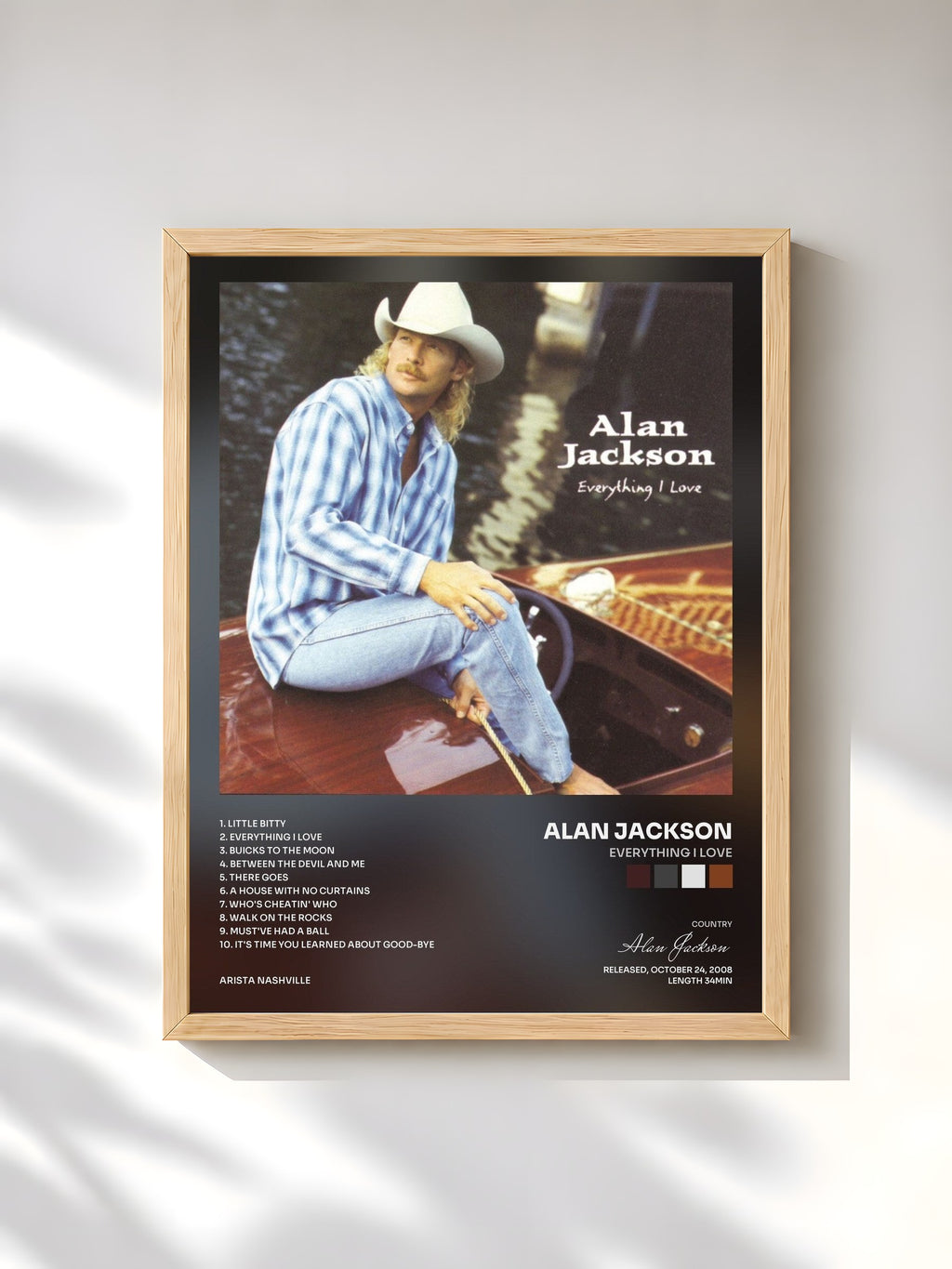 #bois Tableau de l'album Everything I Love de Alan Jackson, cadre en bois brut, imprimé et encadré en France