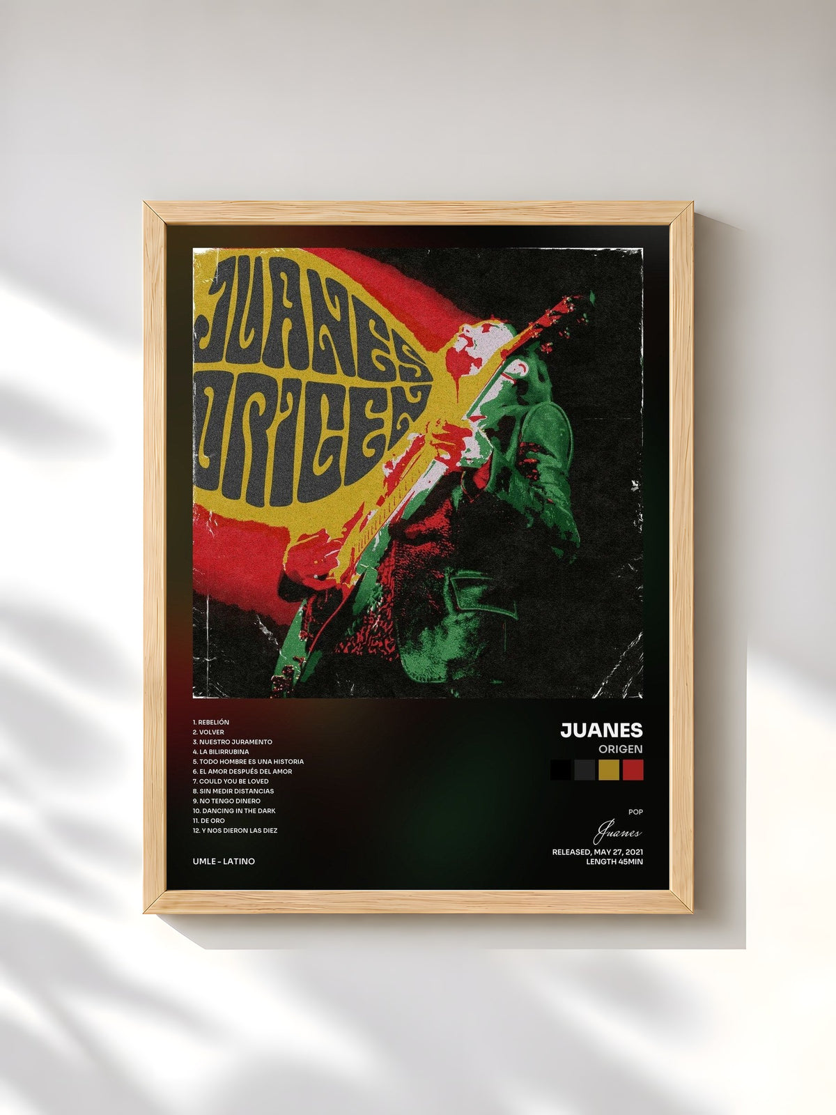 #bois Tableau de l'album Origen de Juanes, cadre en bois brut, imprimé et encadré en France