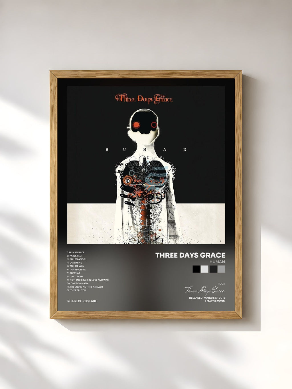 #bois Tableau de l'album Human de Three Days Grace, cadre en bois brut, imprimé et encadré en France