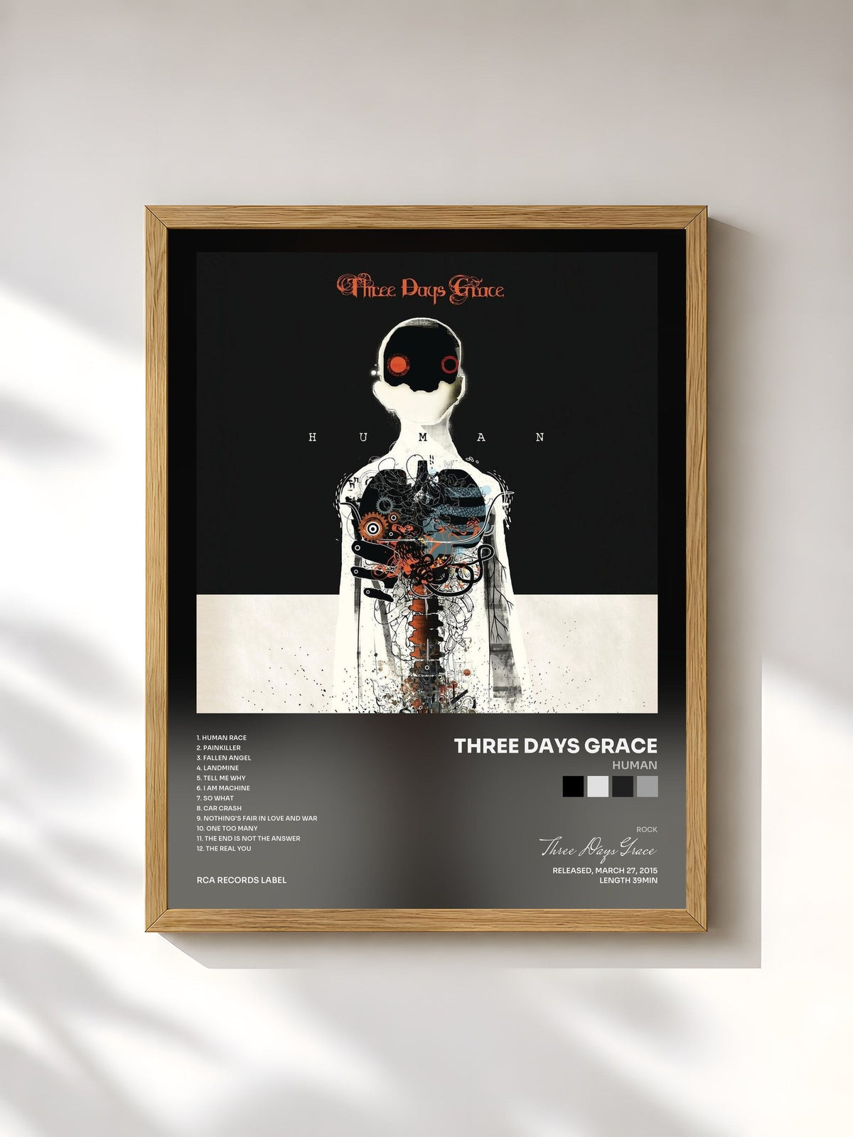 #bois Tableau de l'album Human de Three Days Grace, cadre en bois brut, imprimé et encadré en France