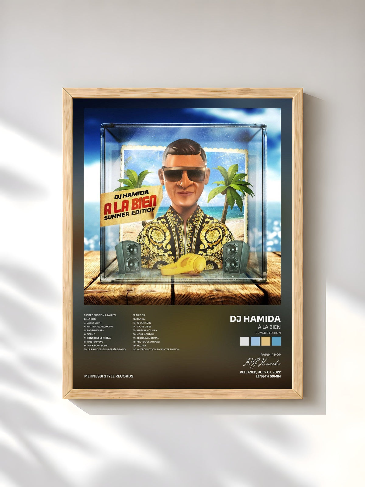 #bois Tableau de l'album À la bien (Summer edition) de DJ Hamida, cadre en bois brut, imprimé et encadré en France