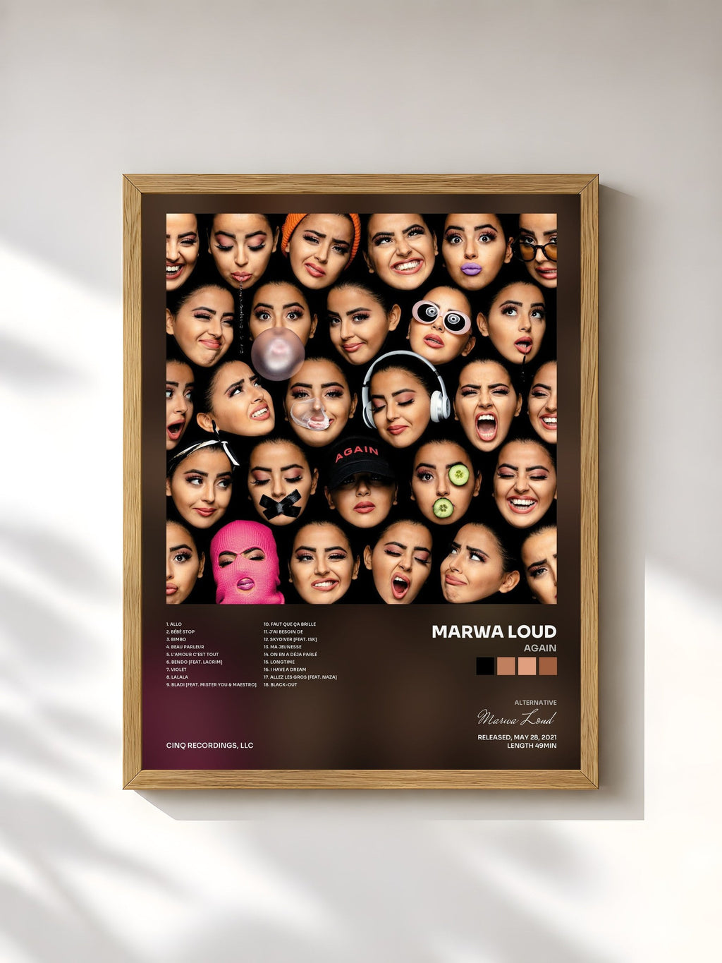 #bois Tableau de l'album Again de Marwa Loud, cadre en bois brut, imprimé et encadré en France