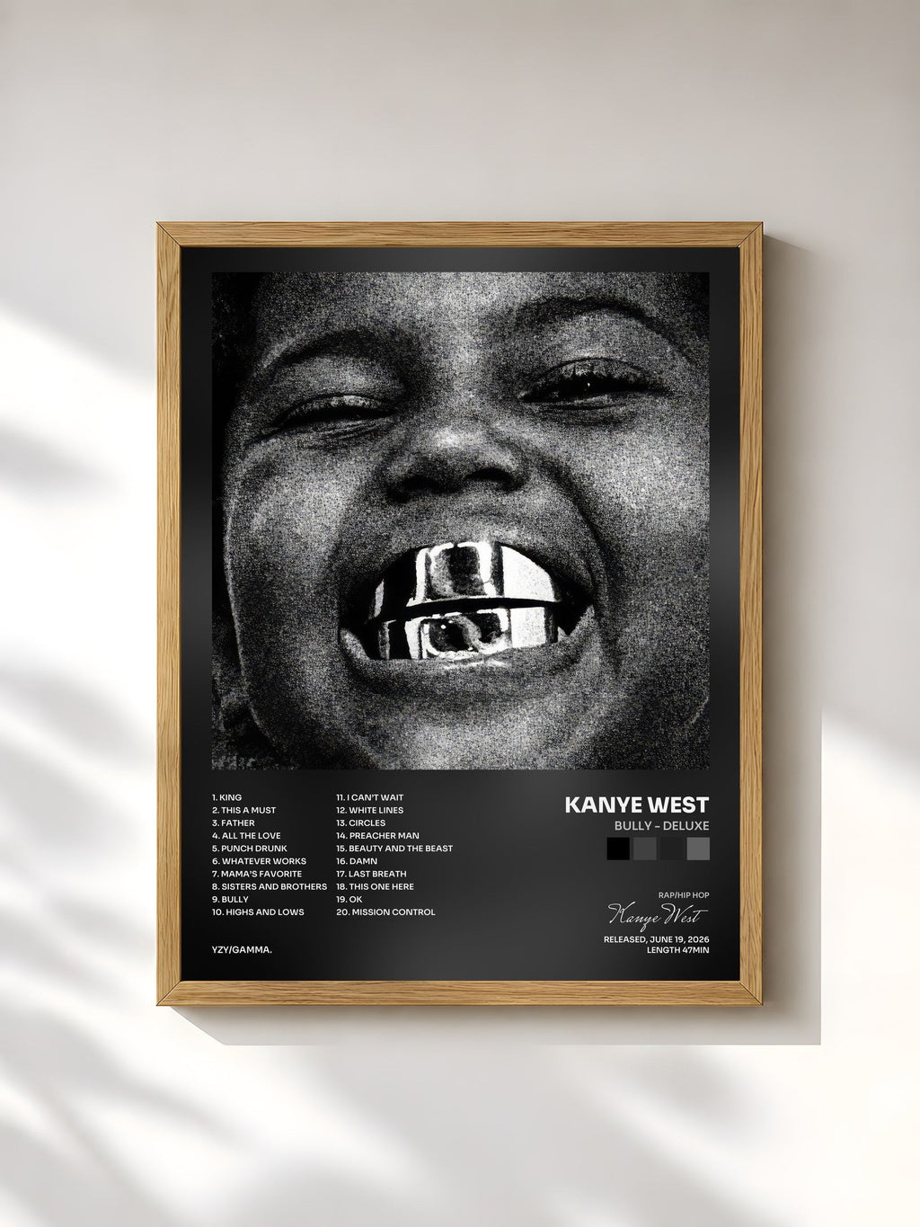 #bois Tableau de l'album BULLY - DELUXE de Kanye West, cadre en bois brut, imprimé et encadré en France