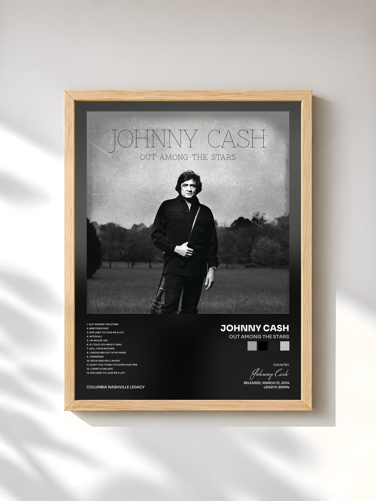 #bois Tableau de l'album Out Among The Stars de Johnny Cash, cadre en bois brut, imprimé et encadré en France