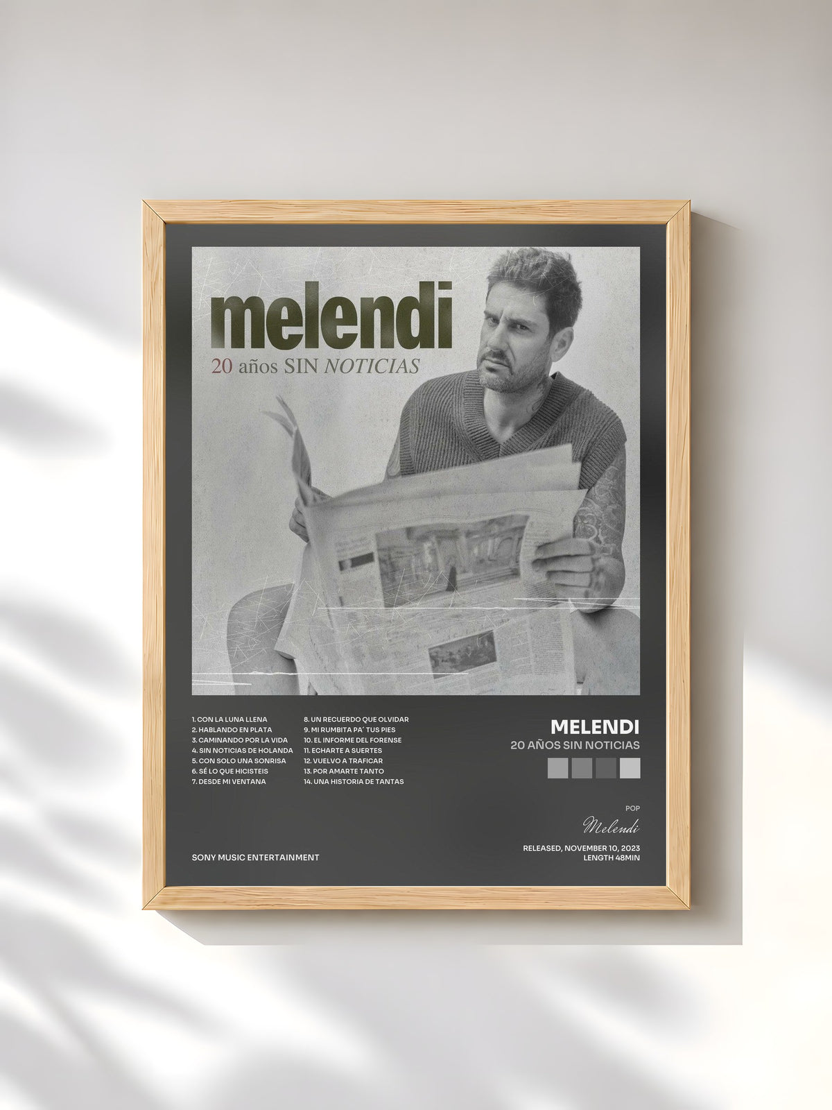 #bois Tableau de l'album 20 Años Sin Noticias de Melendi, cadre en bois brut, imprimé et encadré en France