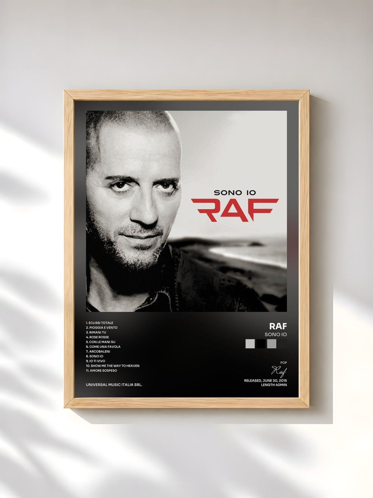 #bois Tableau de l'album Sono Io de Raf, cadre en bois brut, imprimé et encadré en France