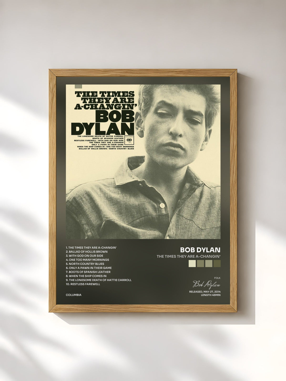 #bois Tableau de l'album The Times They Are A-Changin' de Bob Dylan, cadre en bois brut, imprimé et encadré en France
