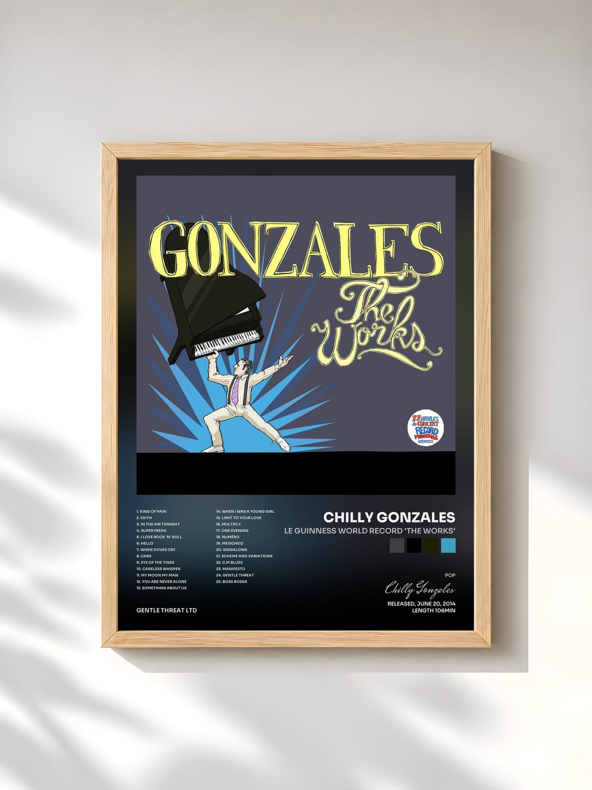 #bois Tableau de l'album Le Guinness World Record 'the Works' de Chilly Gonzales, cadre en bois brut, imprimé et encadré en France