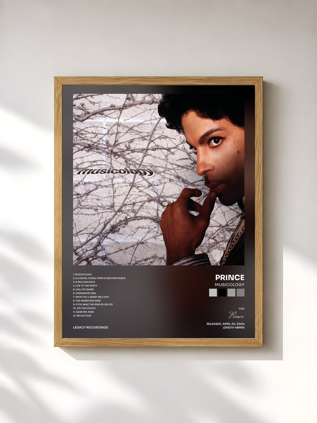 #bois Tableau de l'album Musicology de Prince, cadre en bois brut, imprimé et encadré en France