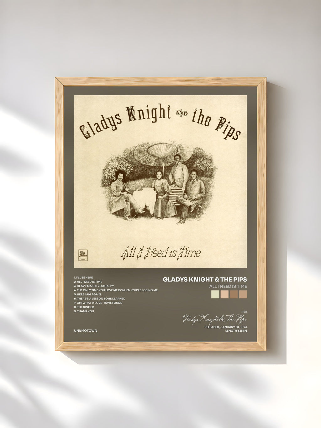 #bois Tableau de l'album All I Need Is Time de Gladys Knight & The Pips, cadre en bois brut, imprimé et encadré en France