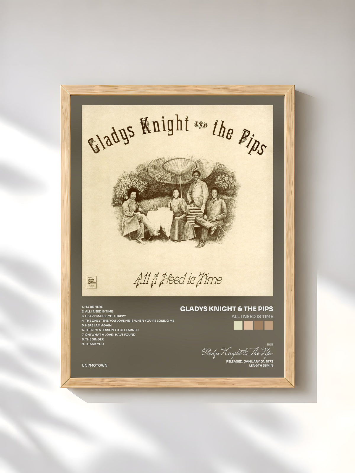 #bois Tableau de l'album All I Need Is Time de Gladys Knight & The Pips, cadre en bois brut, imprimé et encadré en France