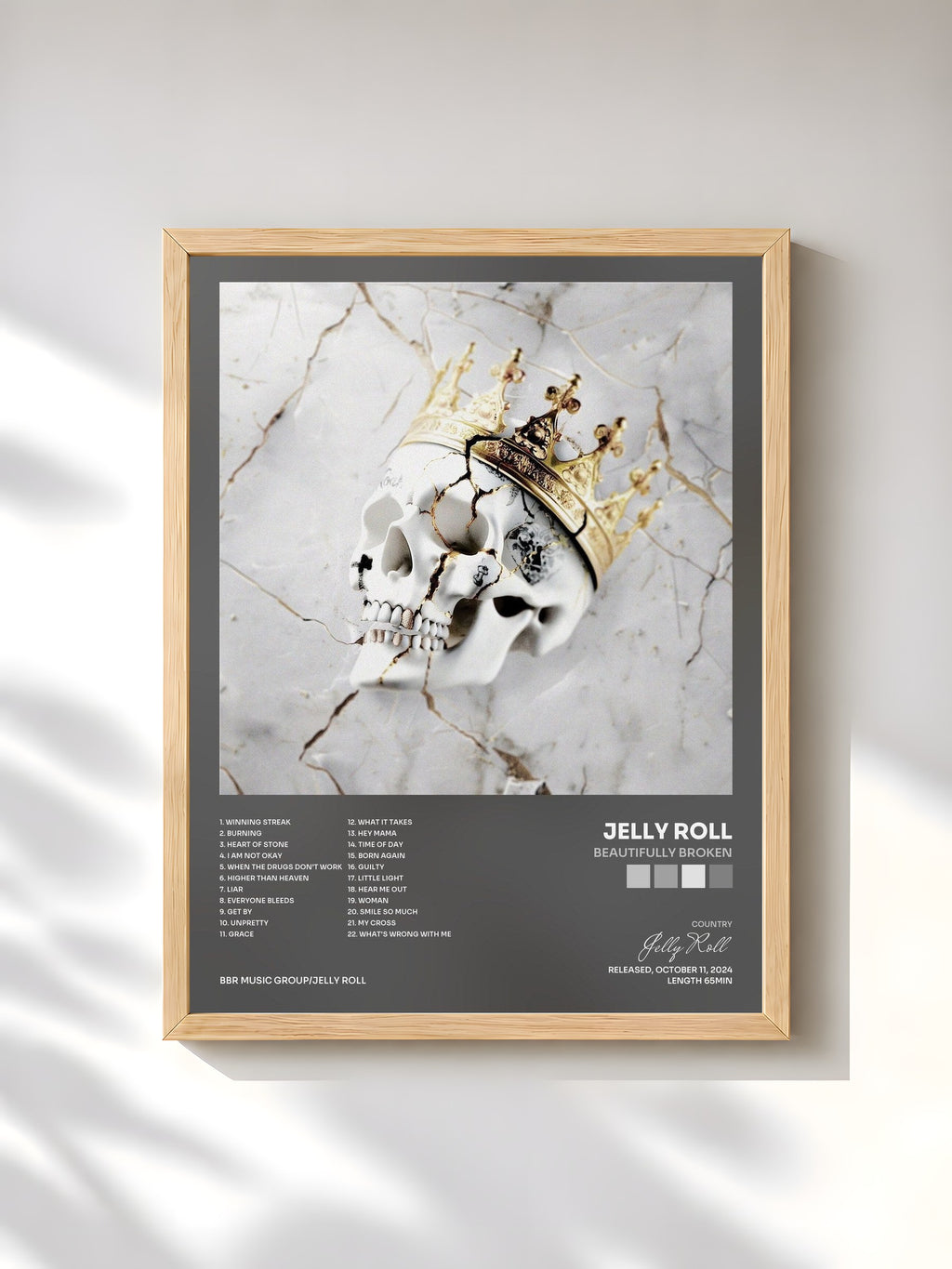 #bois Tableau de l'album Beautifully Broken de Jelly Roll, cadre en bois brut, imprimé et encadré en France
