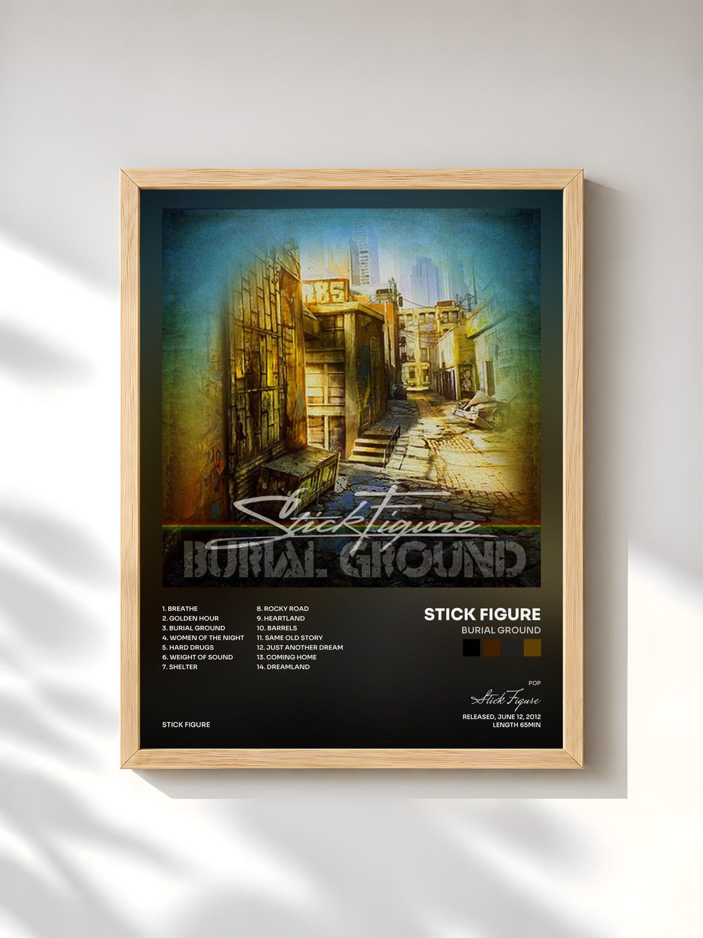 #bois Tableau de l'album Burial Ground de Stick Figure, cadre en bois brut, imprimé et encadré en France