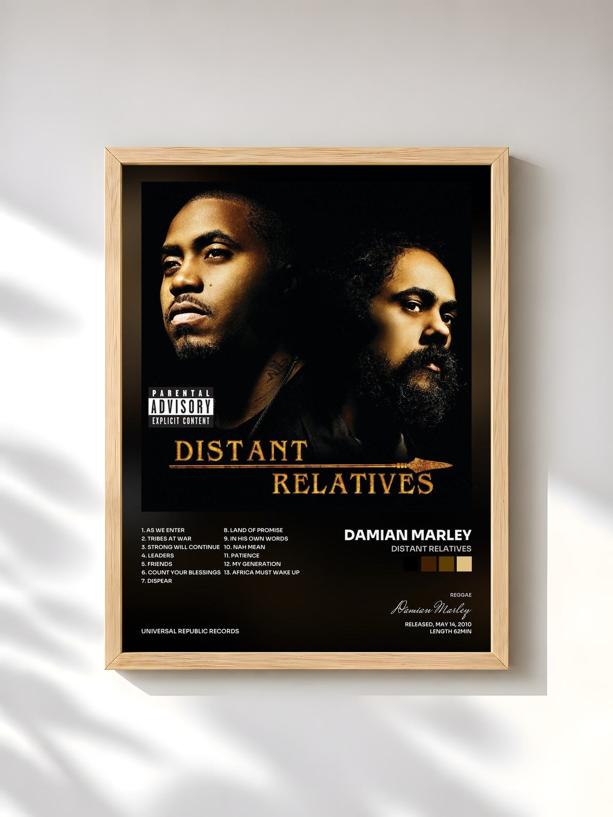 #bois Tableau de l'album Distant Relatives de Damian Marley, cadre en bois brut, imprimé et encadré en France