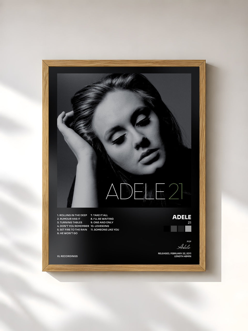 #bois Tableau de l'album 21 de Adele, cadre en bois brut, imprimé et encadré en France