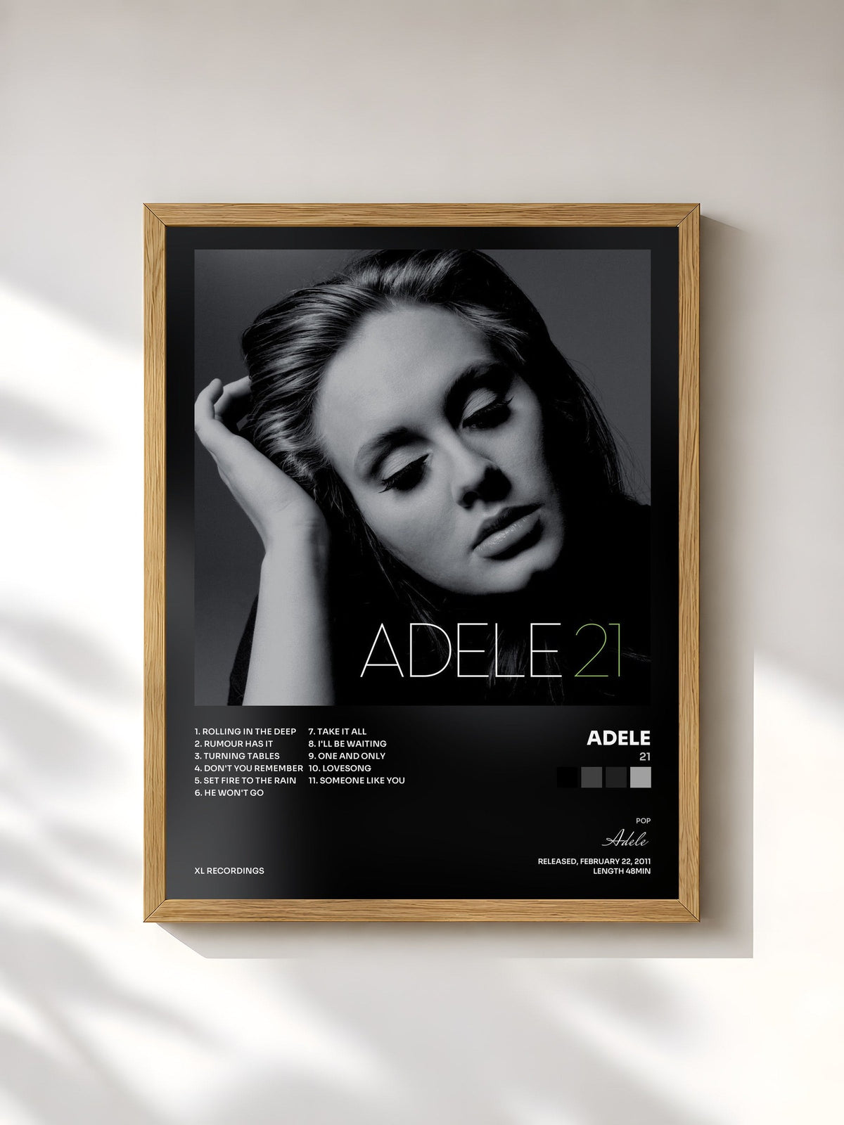 #bois Tableau de l'album 21 de Adele, cadre en bois brut, imprimé et encadré en France