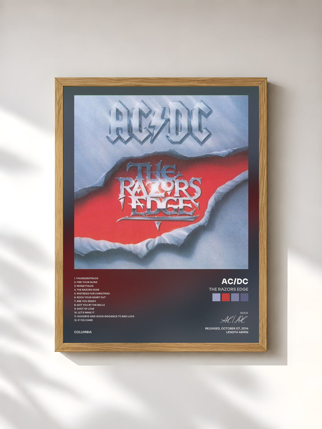 #bois Tableau de l'album The Razors Edge de AC/DC, cadre en bois brut, imprimé et encadré en France