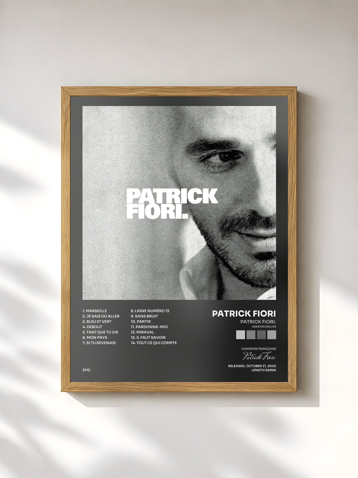 #bois Tableau de l'album Patrick Fiori. (Version deluxe) de Patrick Fiori, cadre en bois brut, imprimé et encadré en France