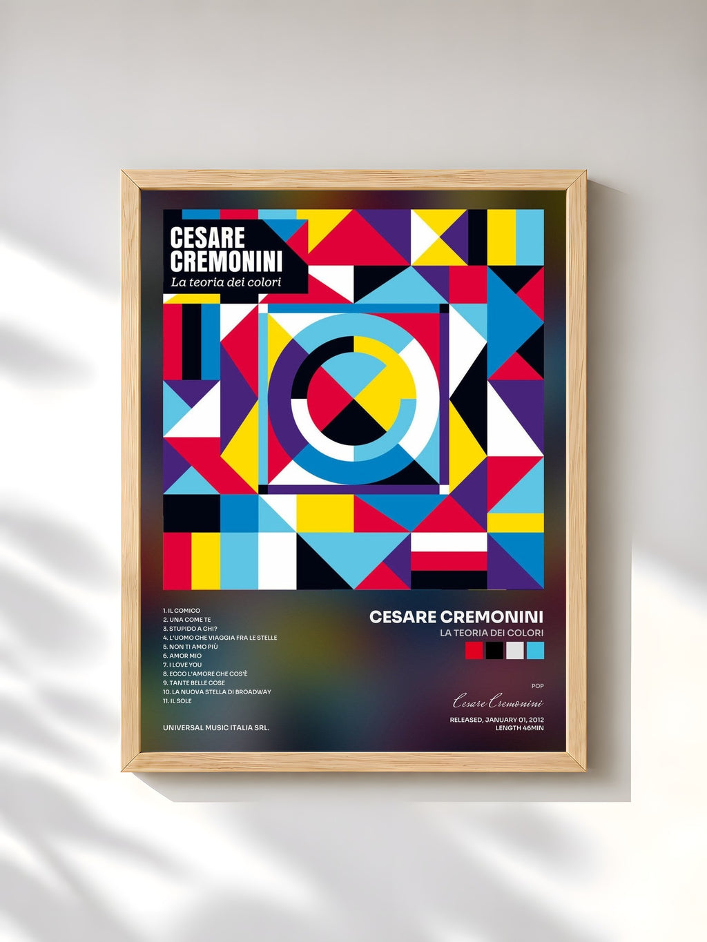 #bois Tableau de l'album La Teoria Dei Colori de Cesare Cremonini, cadre en bois brut, imprimé et encadré en France