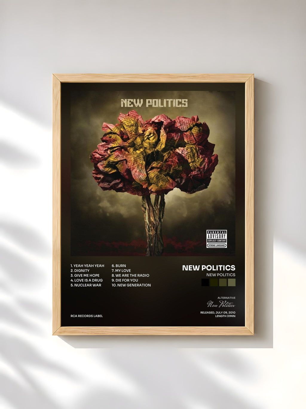 #bois Tableau de l'album New Politics de New Politics, cadre en bois brut, imprimé et encadré en France