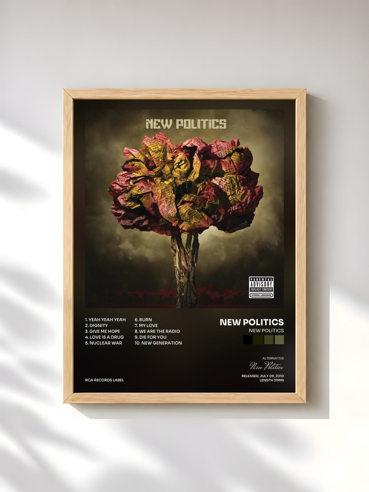 #bois Tableau de l'album New Politics de New Politics, cadre en bois brut, imprimé et encadré en France