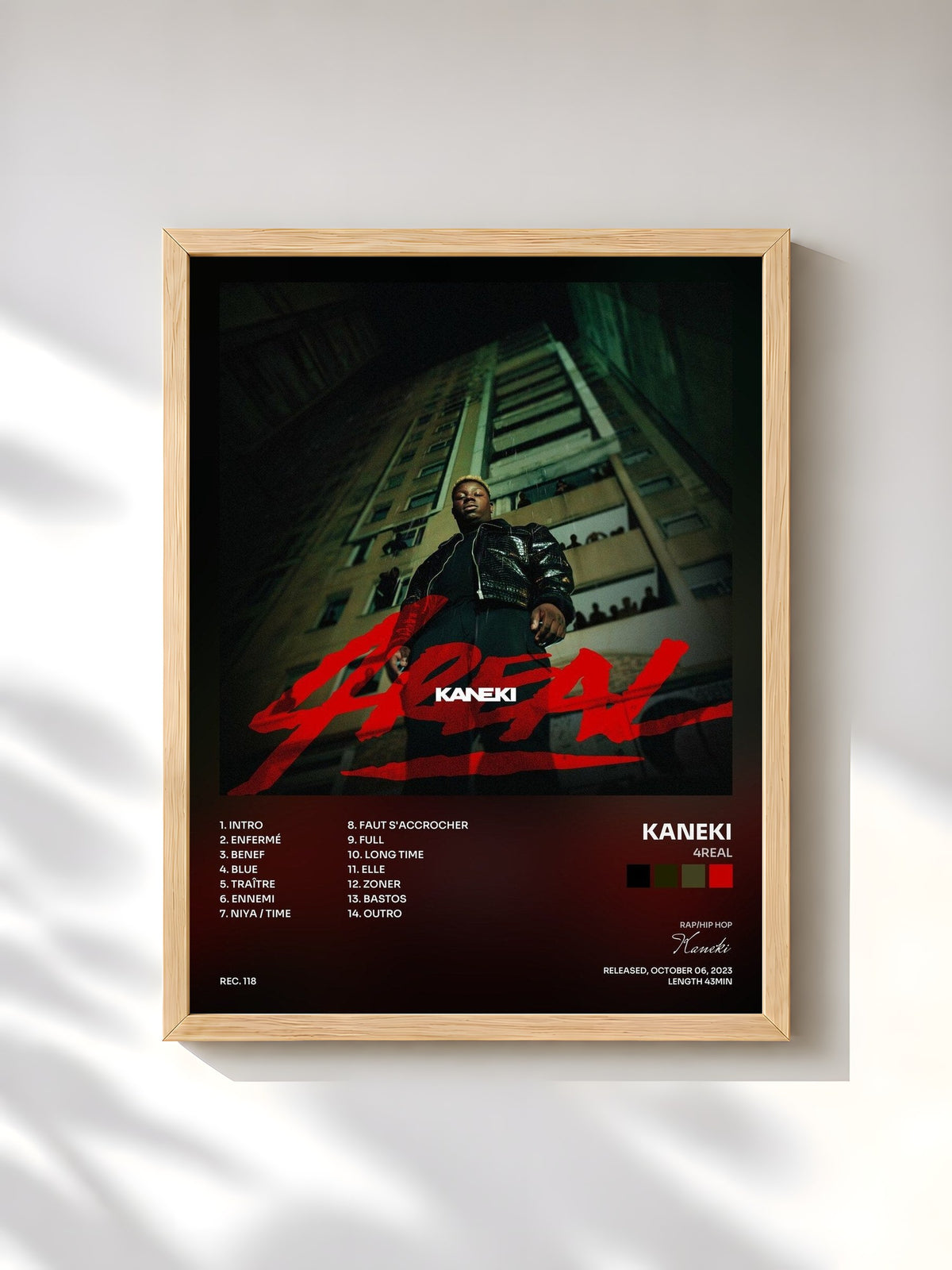 #bois Tableau de l'album 4Real de Kaneki, cadre en bois brut, imprimé et encadré en France