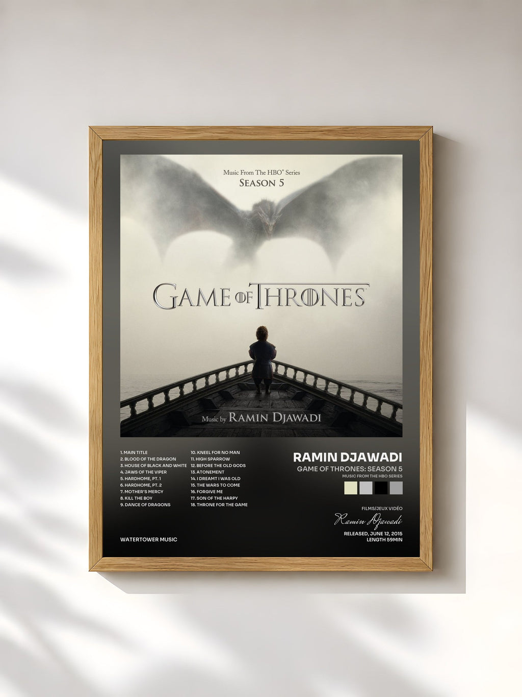 #bois Tableau de l'album Game Of Thrones: Season 5 (Music from the HBO Series) de Ramin Djawadi, cadre en bois brut, imprimé et encadré en France