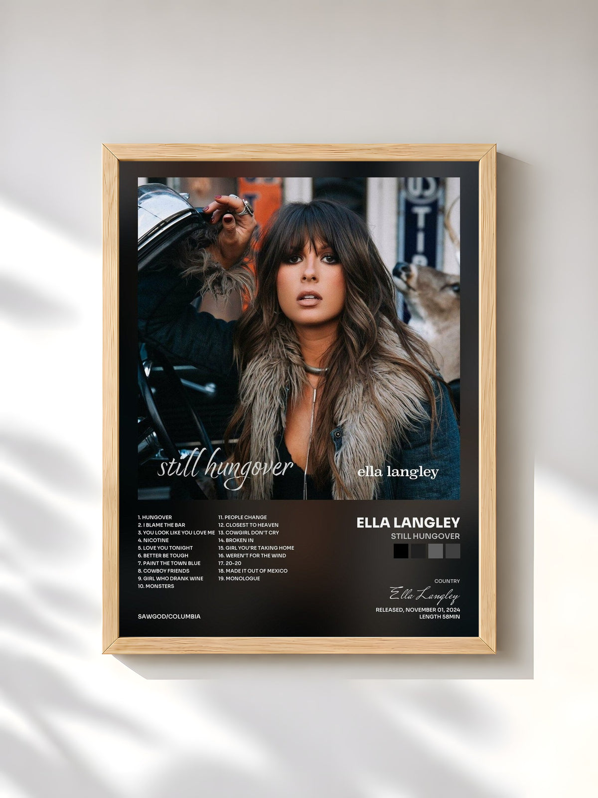 #bois Tableau de l'album still hungover de Ella Langley, cadre en bois brut, imprimé et encadré en France