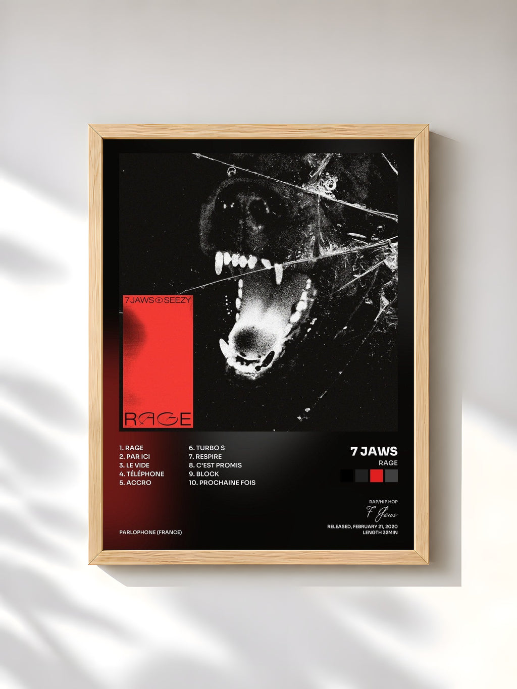 #bois Tableau de l'album RAGE de 7 Jaws, cadre en bois brut, imprimé et encadré en France