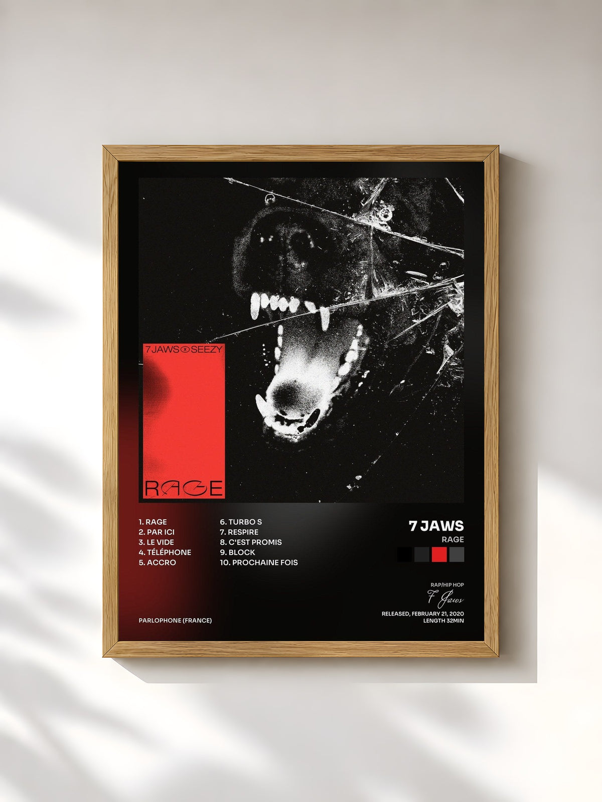 #bois Tableau de l'album RAGE de 7 Jaws, cadre en bois brut, imprimé et encadré en France
