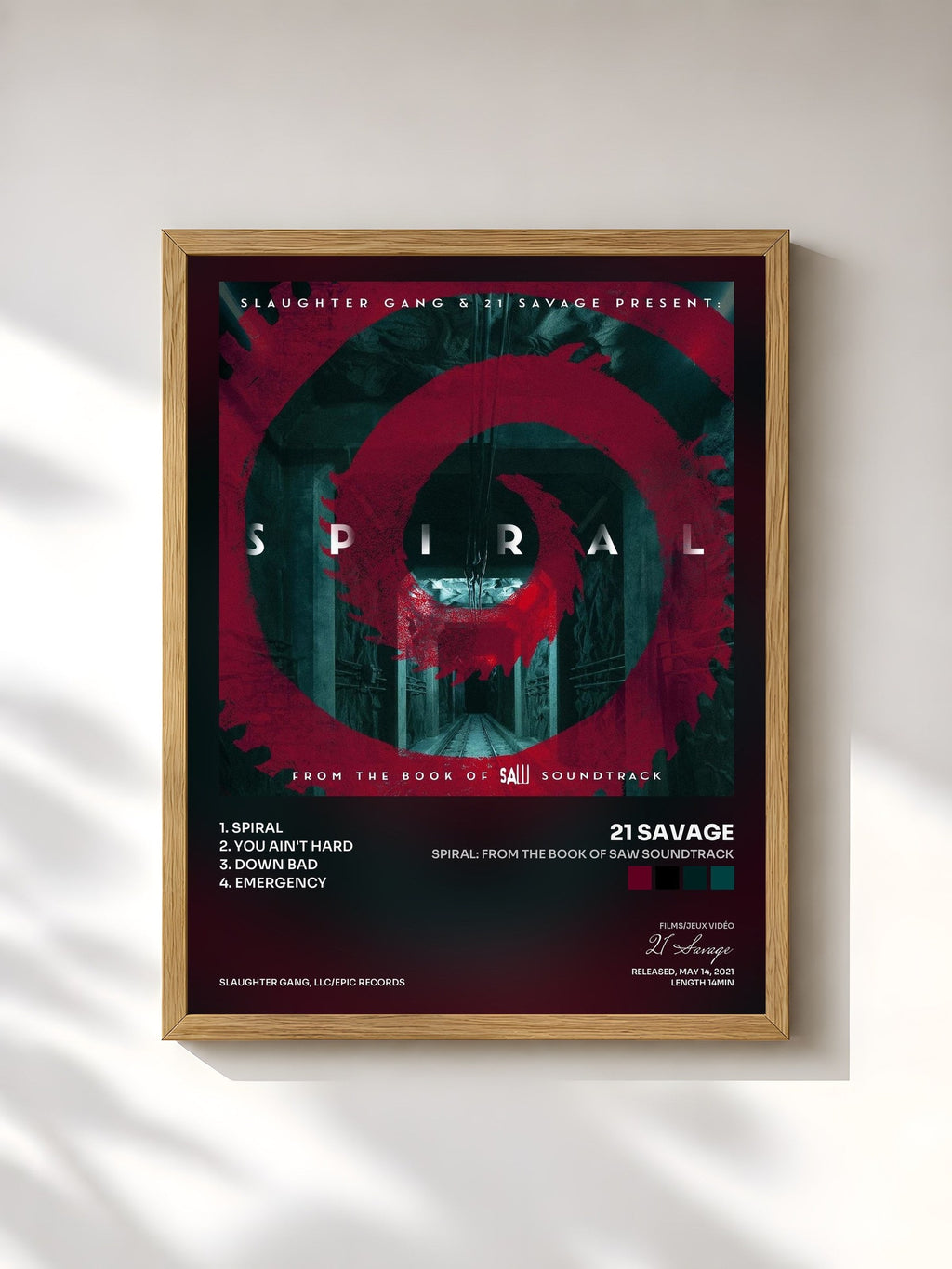 #bois Tableau de l'album Spiral: From The Book of Saw Soundtrack de 21 Savage, cadre en bois brut, imprimé et encadré en France