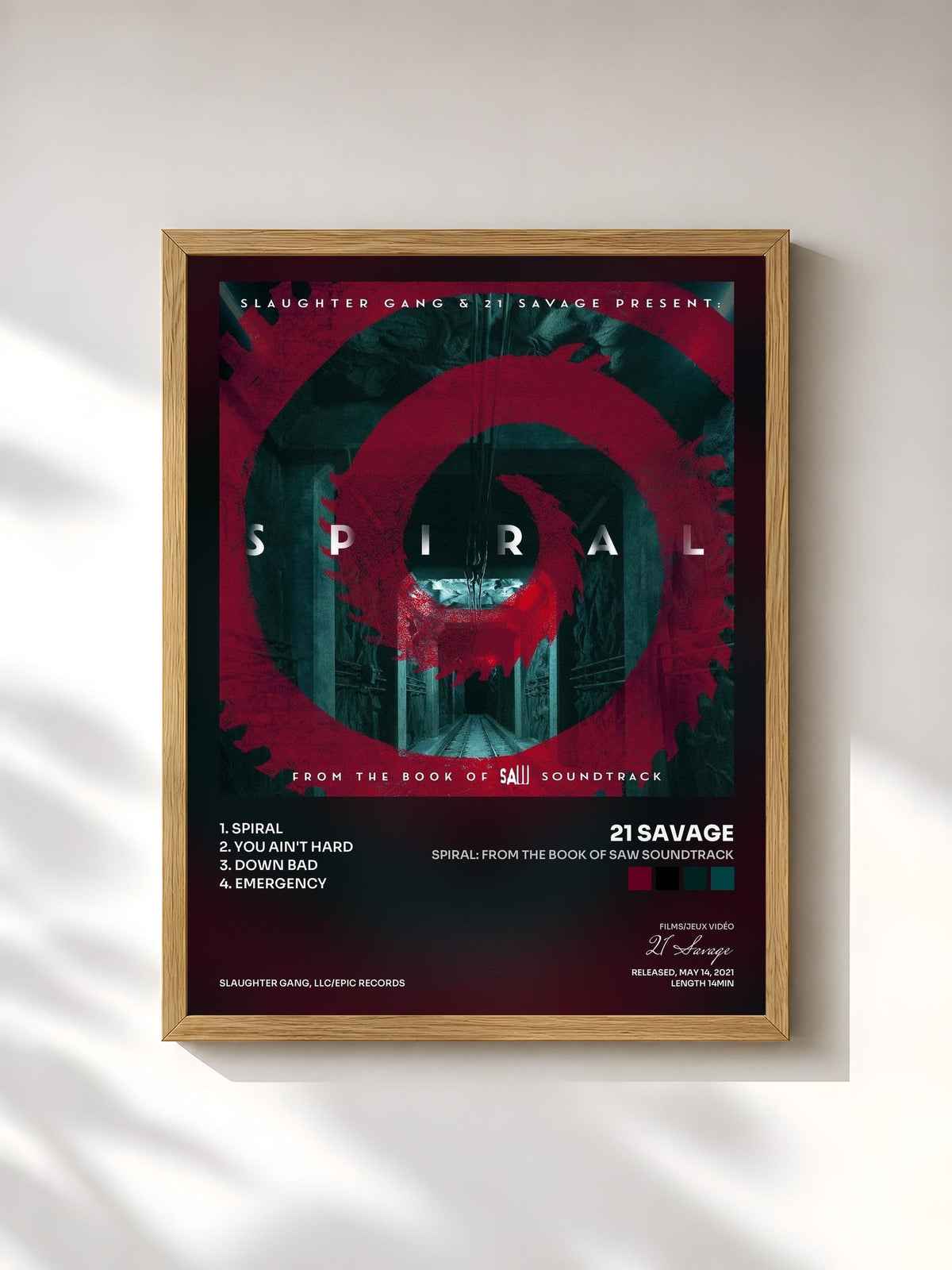 #bois Tableau de l'album Spiral: From The Book of Saw Soundtrack de 21 Savage, cadre en bois brut, imprimé et encadré en France