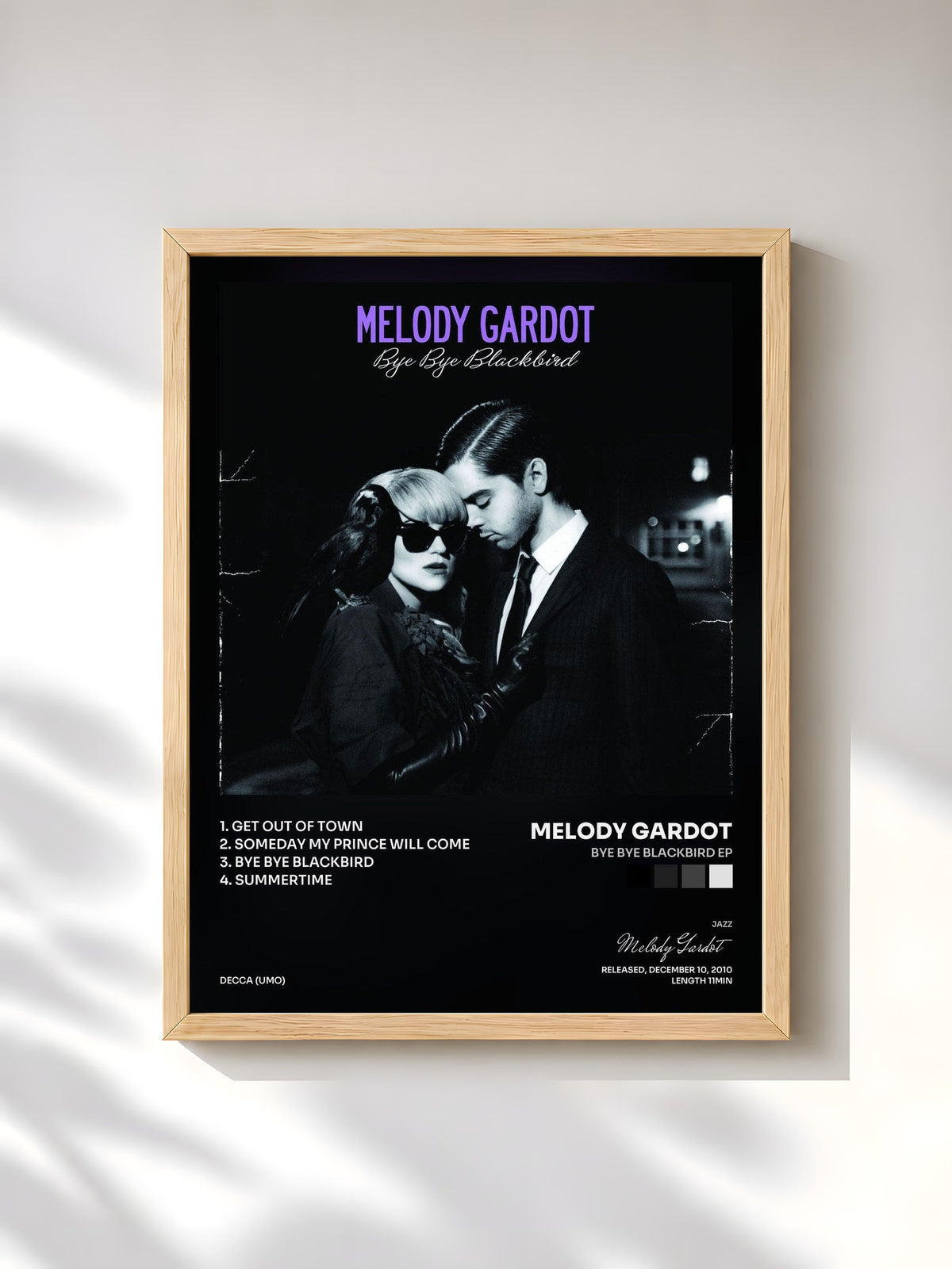 #bois Tableau de l'album Bye Bye Blackbird EP de Melody Gardot, cadre en bois brut, imprimé et encadré en France