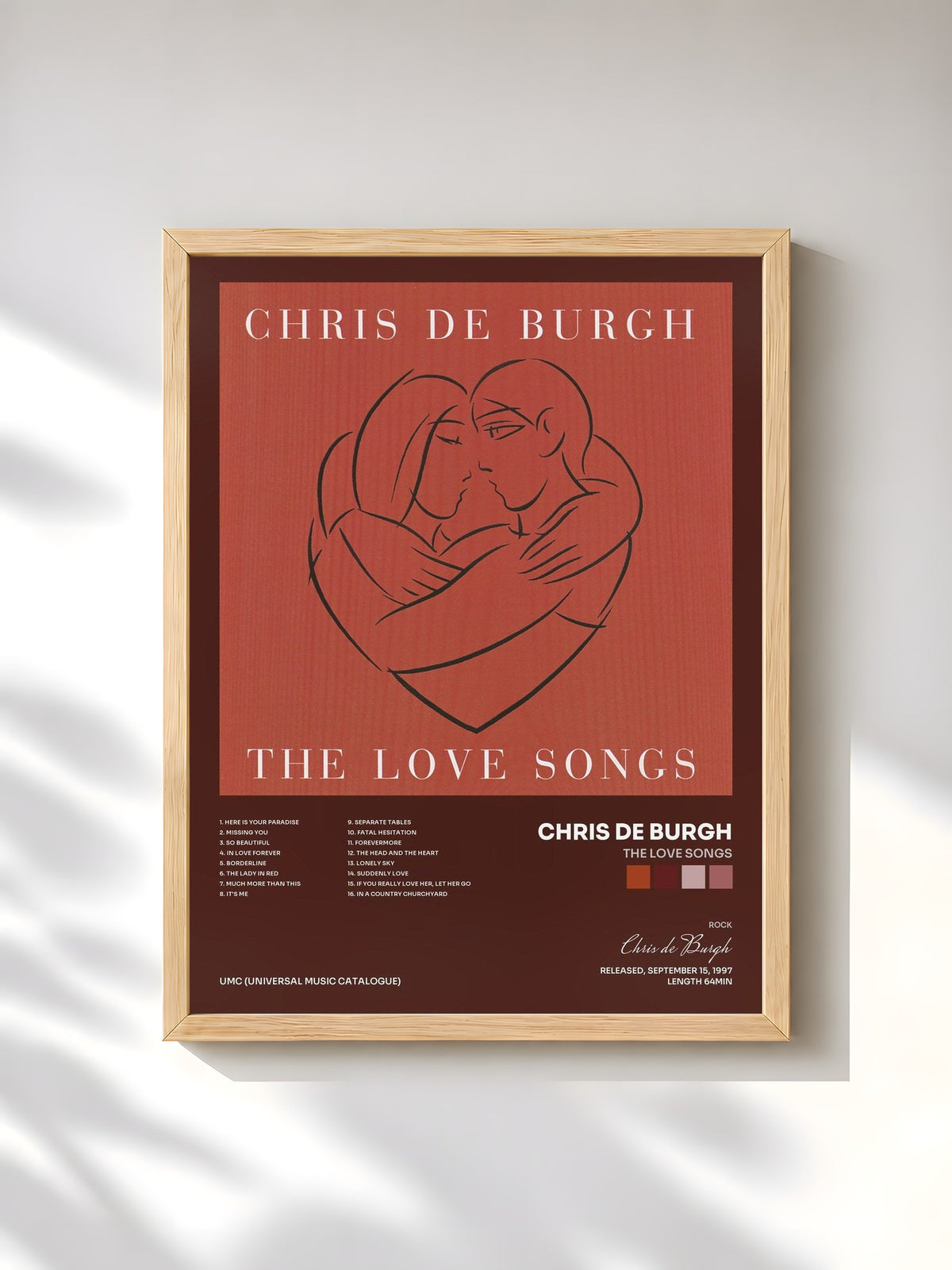#bois Tableau de l'album The Love Songs de Chris de Burgh, cadre en bois brut, imprimé et encadré en France