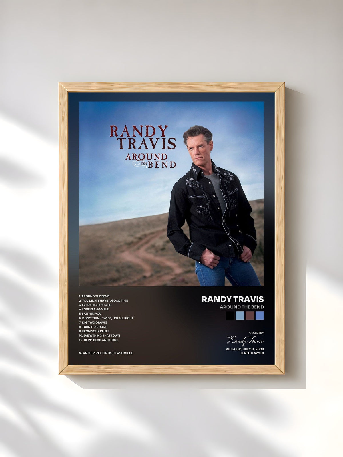 #bois Tableau de l'album Around the Bend de Randy Travis, cadre en bois brut, imprimé et encadré en France