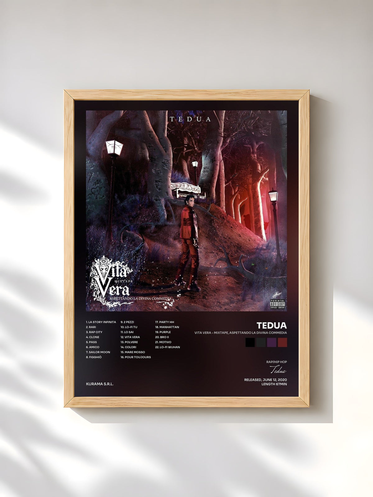 #bois Tableau de l'album Vita Vera - Mixtape, aspettando la Divina Commedia de Tedua, cadre en bois brut, imprimé et encadré en France