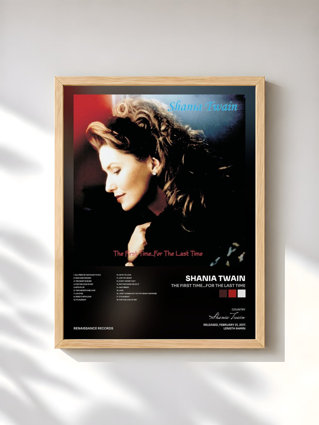#bois Tableau de l'album The First Time...For The Last Time de Shania Twain, cadre en bois brut, imprimé et encadré en France